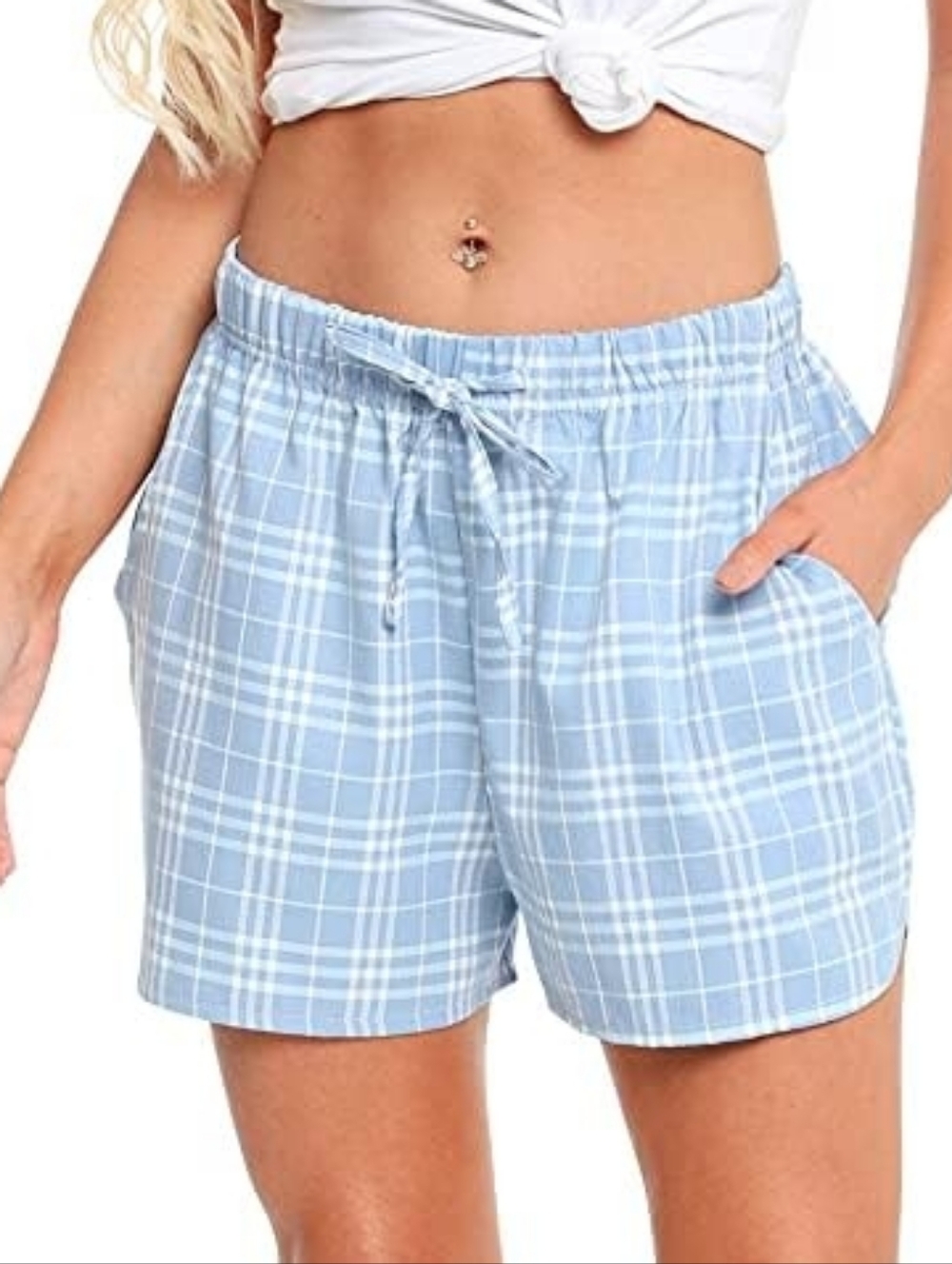 Vlazom Light Blue Plaid Drawstring Shorts Size L